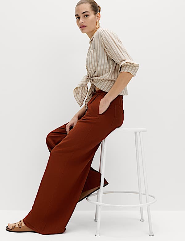 Linen Rich Drawstring Wide Leg Trousers