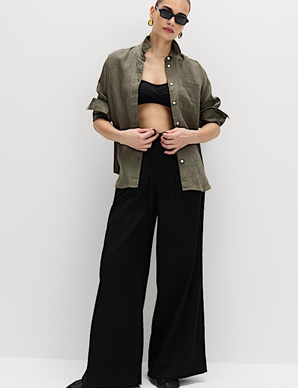 Linen Rich Drawstring Wide Leg Trousers