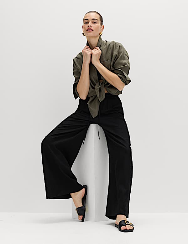 Linen Rich Drawstring Wide Leg Trousers
