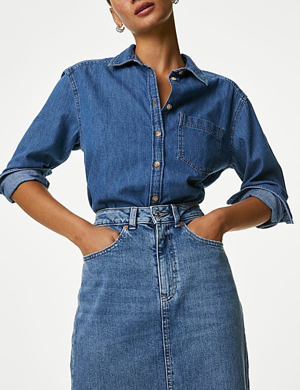 Denim Split Front Midi Skirt