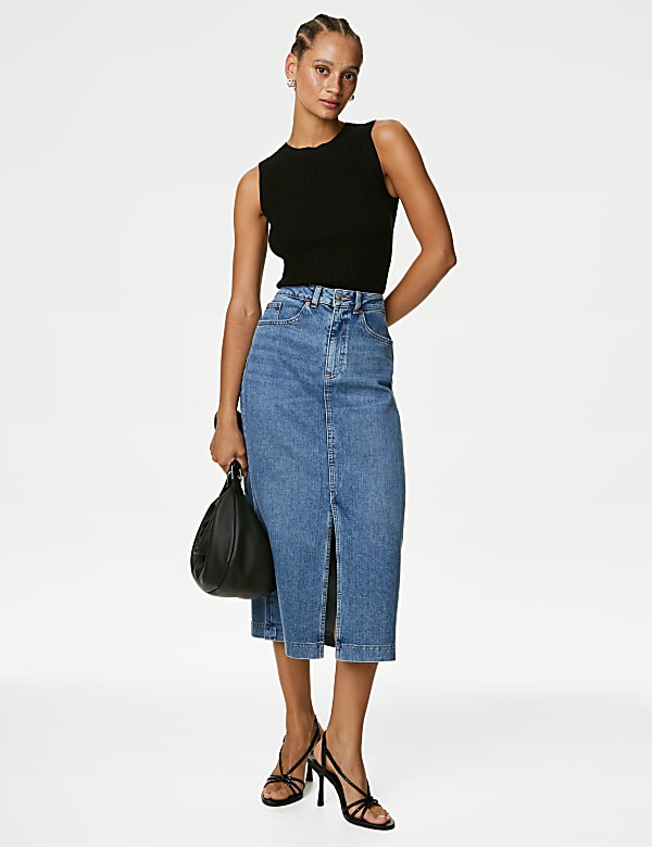 Denim Split Front Midi Skirt