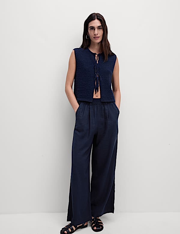 Linen Rich Wide Leg Cropped Trousers