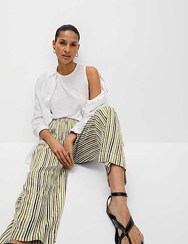 Linen Rich Wide Leg Cropped Trousers