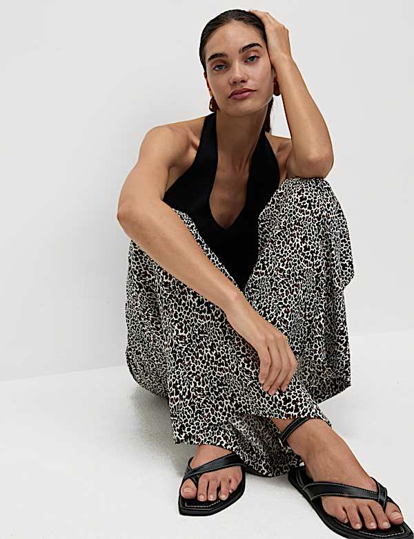 Twill Printed High Waisted Wide Leg Trousers - PT