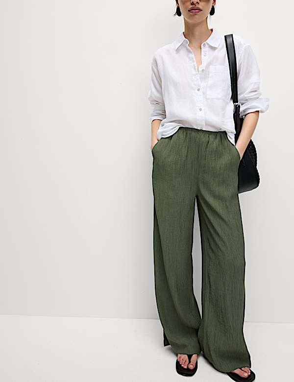 Viscose Rich Crinkle Elasticated Waist Wide Leg Trousers - AU