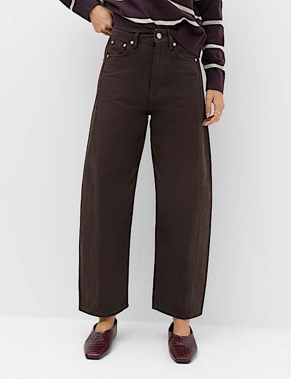 Pure Cotton High Waisted Barrel Leg Cropped Trousers - US