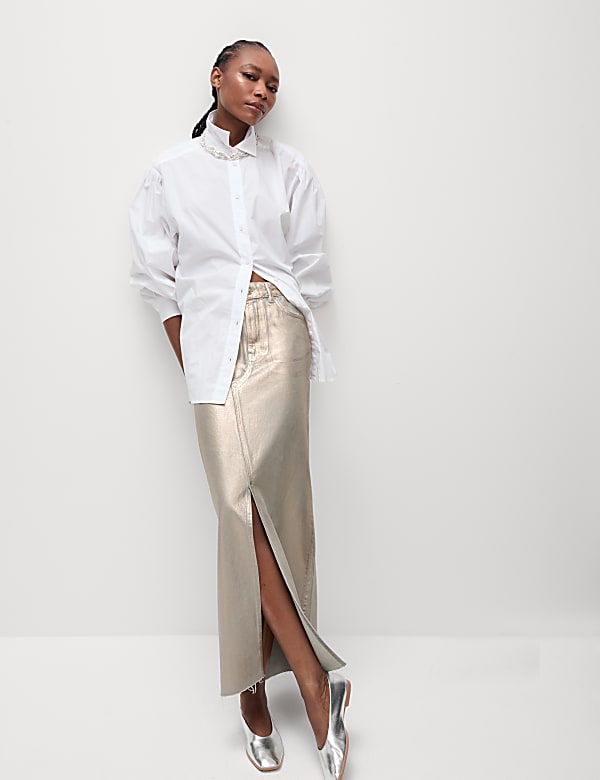 Denim Foil Metallic Maxi Skirt - CA