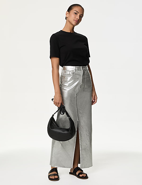 Denim Foil Metallic Maxi Skirt SILVER Skirts M S SG