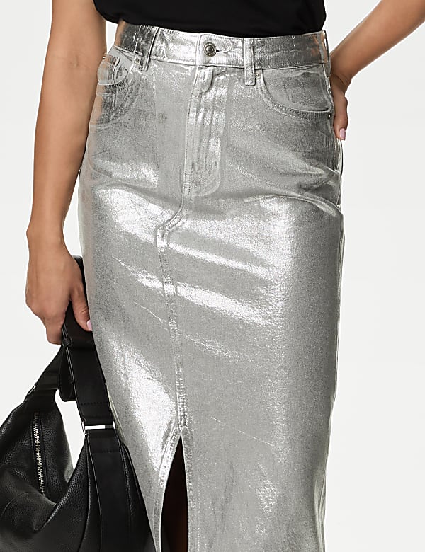 Denim Foil Metallic Maxi Skirt