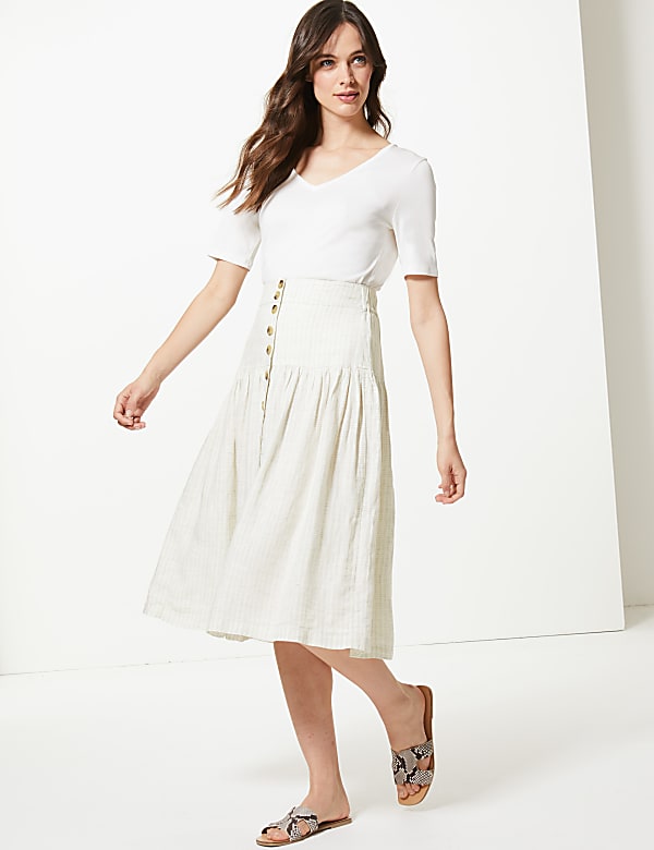 Pure Linen Checked A-Line Midi Skirt
