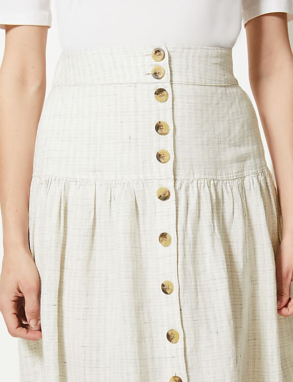 Pure Linen Checked A-Line Midi Skirt