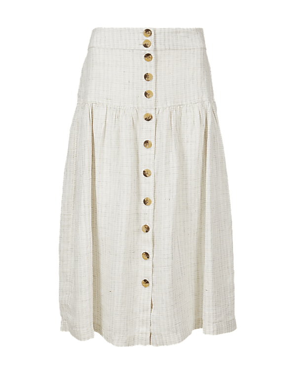 Pure Linen Checked A-Line Midi Skirt