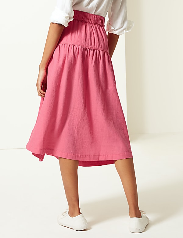 Linen Rich Button Detailed A-Line Midi Skirt