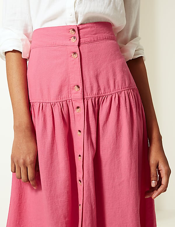 Linen Rich Button Detailed A-Line Midi Skirt