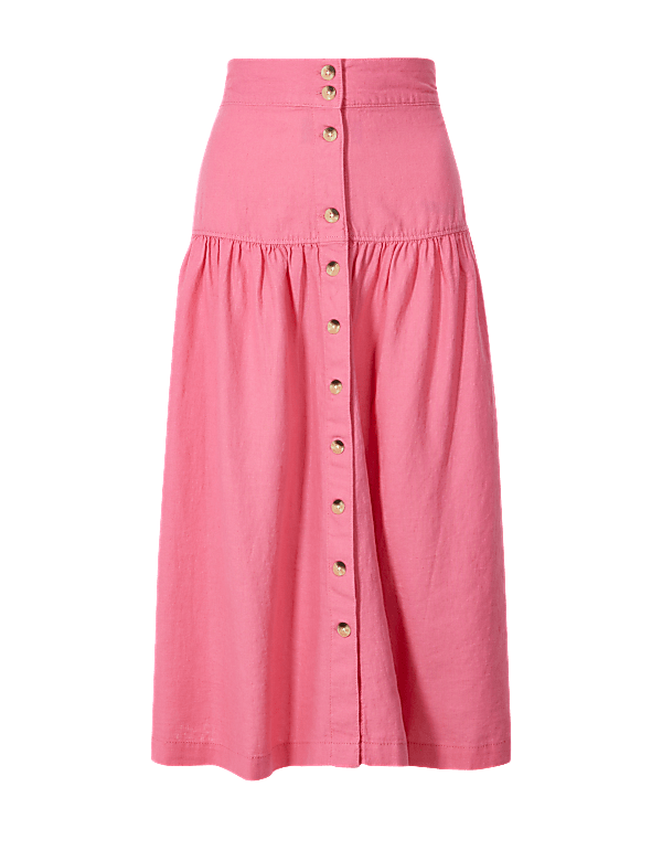 Linen Rich Button Detailed A-Line Midi Skirt