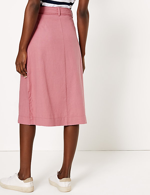 Linen Button Front Midi A-Line Skirt