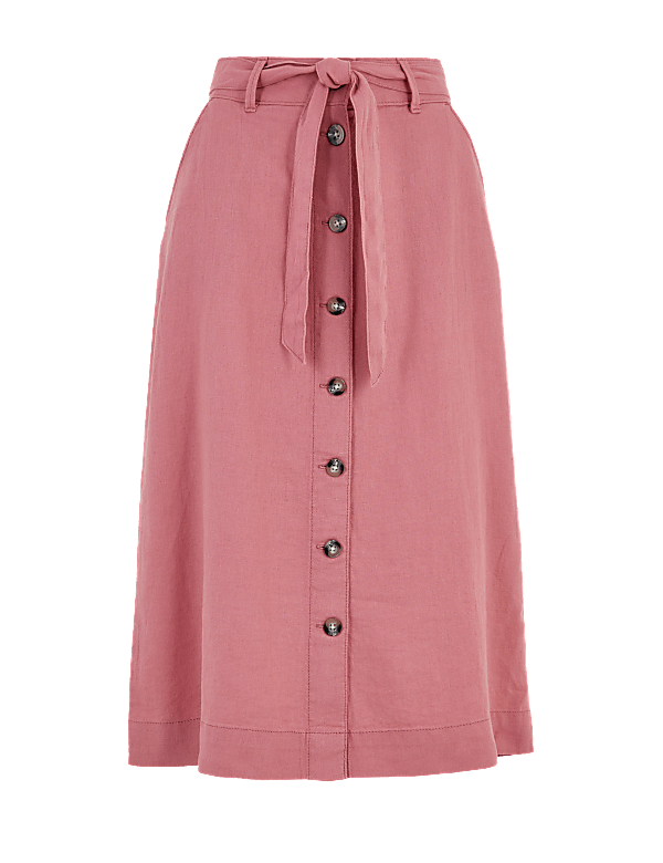 Linen Button Front Midi A-Line Skirt