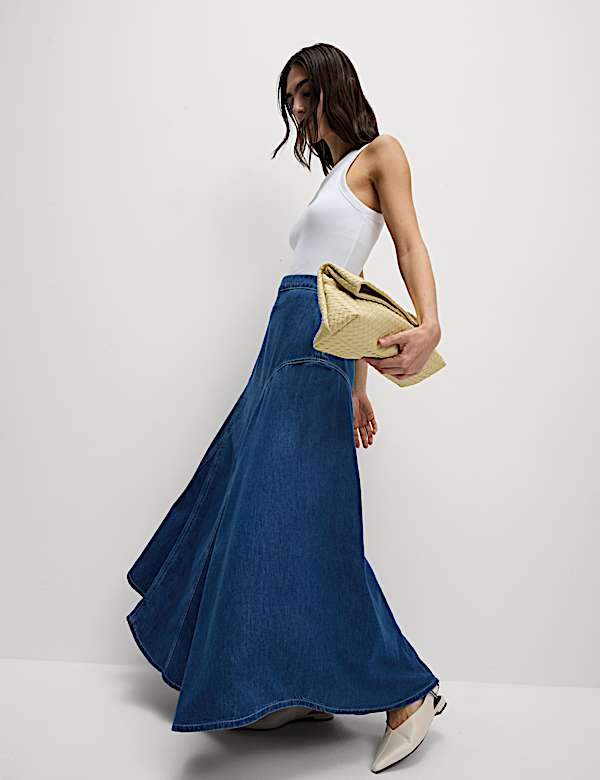 Denim High Waisted Maxi Asymmetric Skirt - CZ