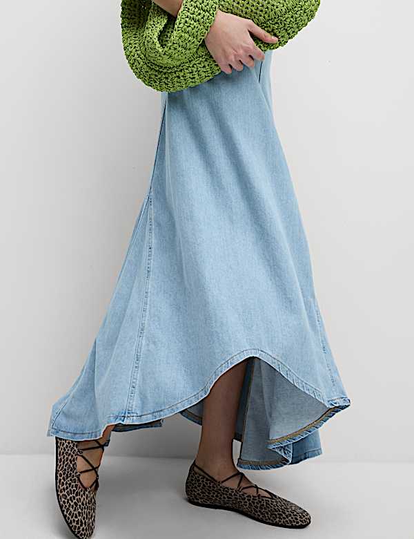 Denim High Waisted Maxi Asymmetric Skirt - BE