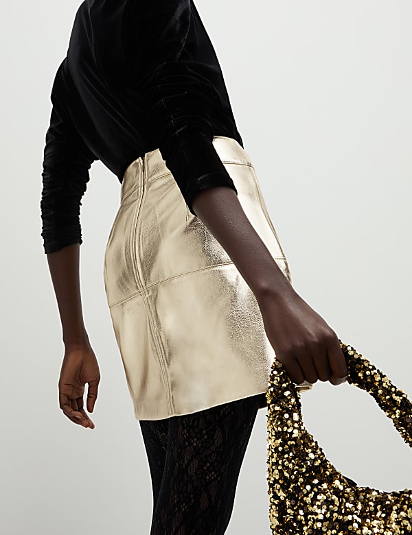 Leather Look Metallic Mini A-Line Skirt - DK