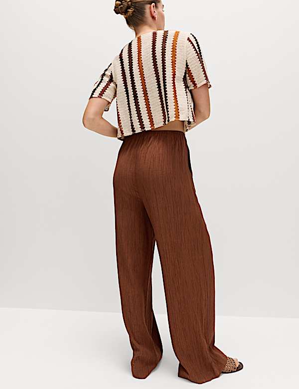 Crinkle Elasticated Waist Wide Leg Trousers