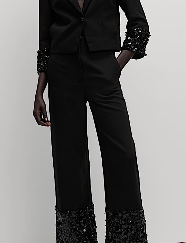 Sequin Paneled Straight Ankle Grazer Trousers  - AU