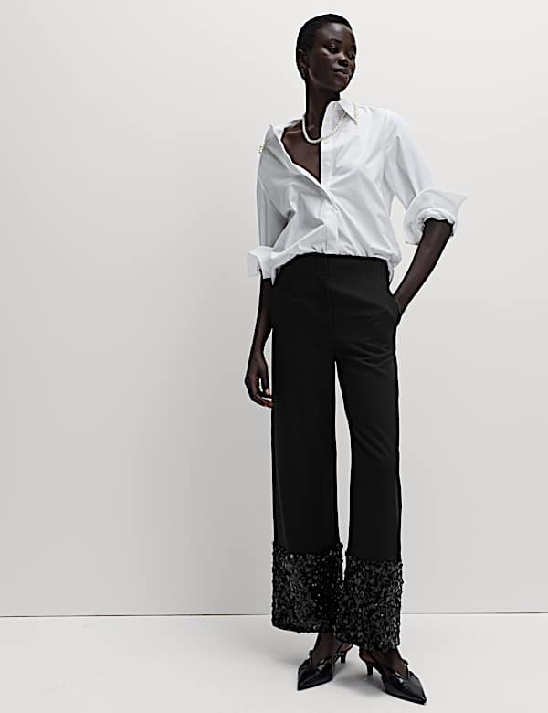 Sequin Paneled Straight Ankle Grazer Trousers  - AU