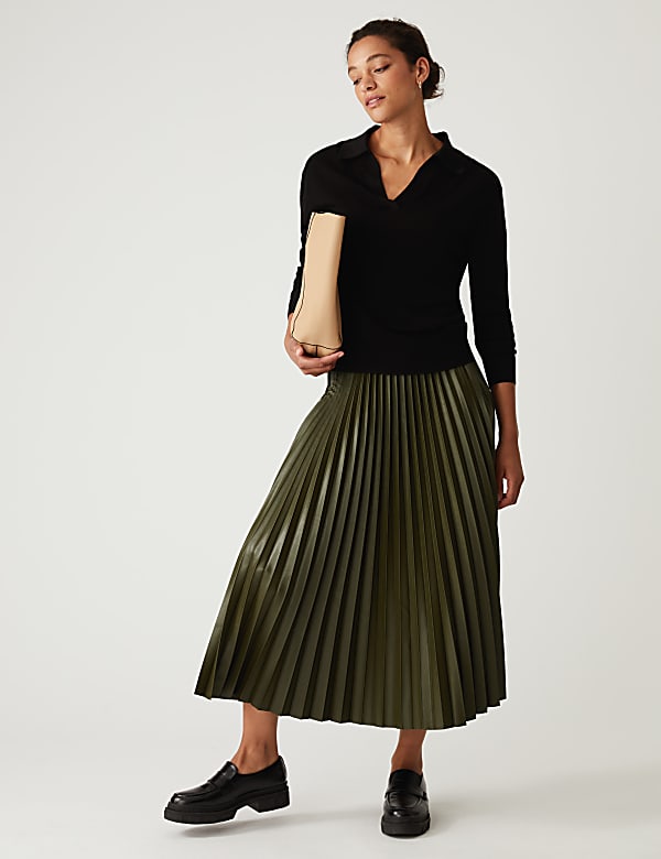 Faux Leather Pleated Midi Skirt