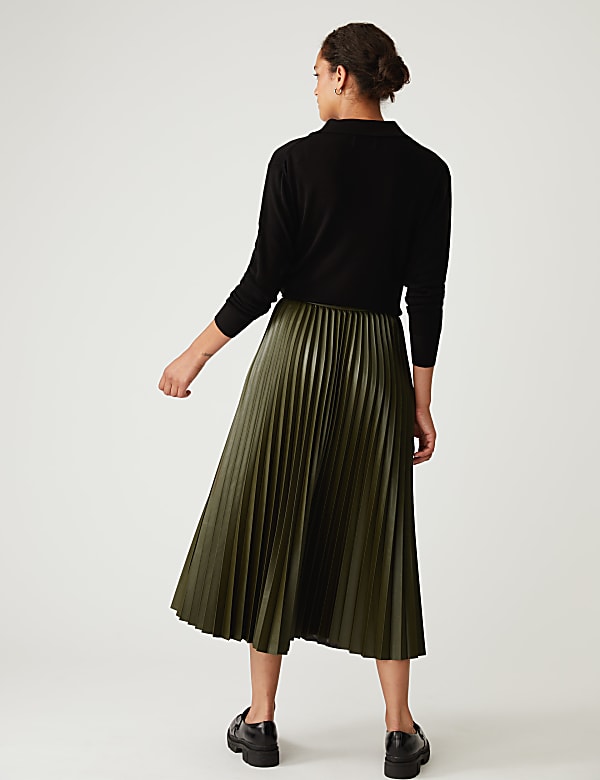 Faux Leather Pleated Midi Skirt