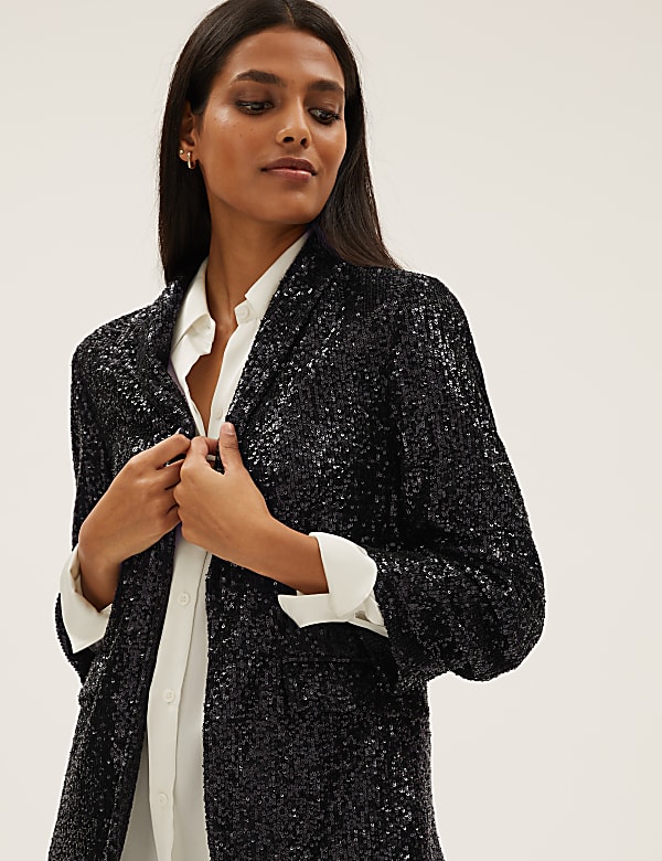 Sequin Ruched Sleeve Blazer