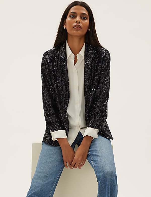 Sequin Ruched Sleeve Blazer