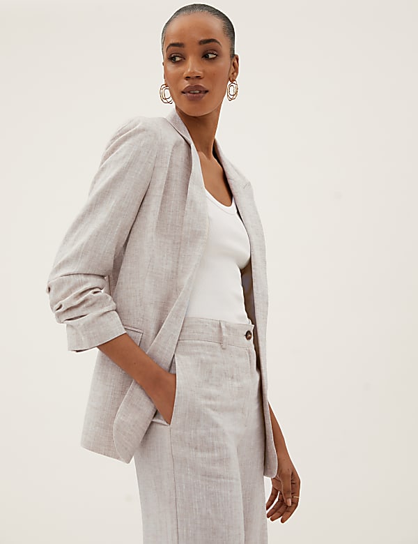 Linen Blend Ruched Sleeve Blazer
