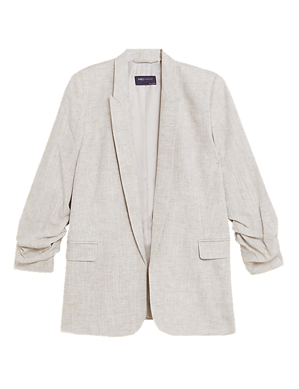 Linen Blend Ruched Sleeve Blazer