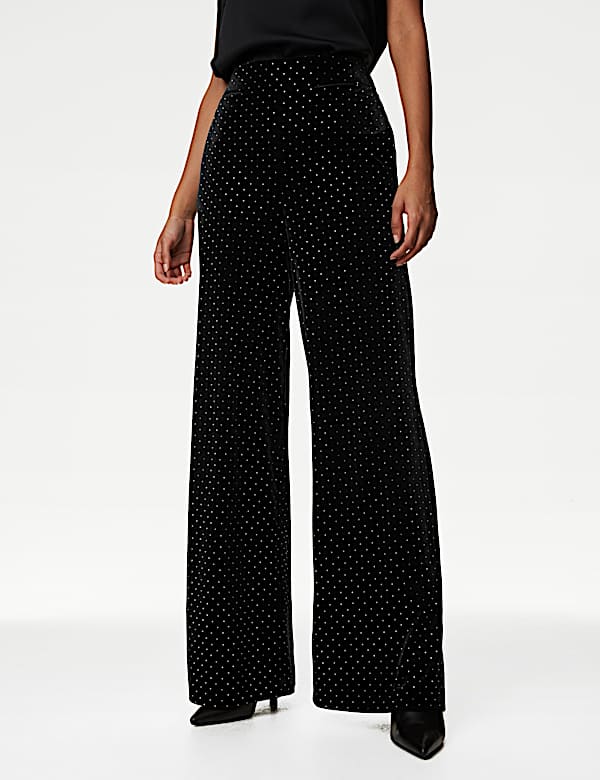 Velvet Diamante Pull On Wide Leg Trousers - IT