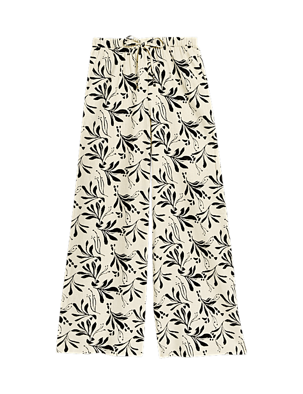 Linen Rich Printed Wide Leg Trousers