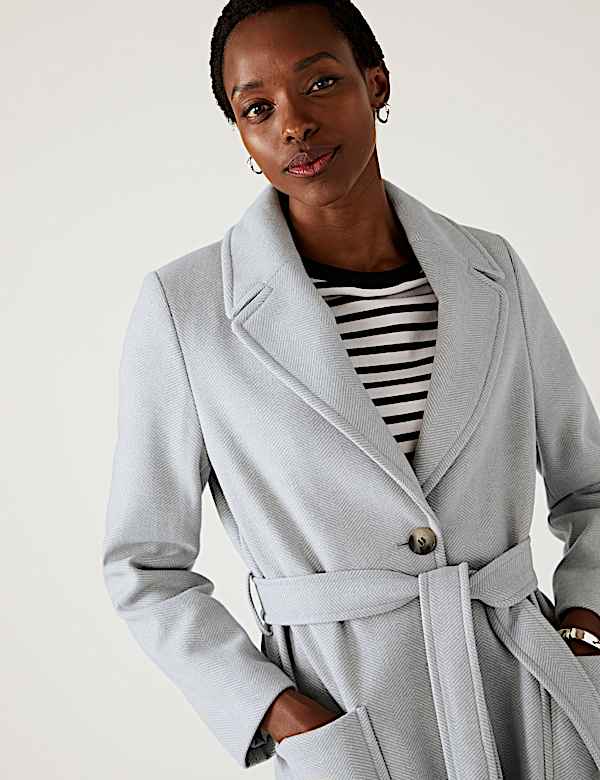 Herringbone Belted Tailored Coat - FR