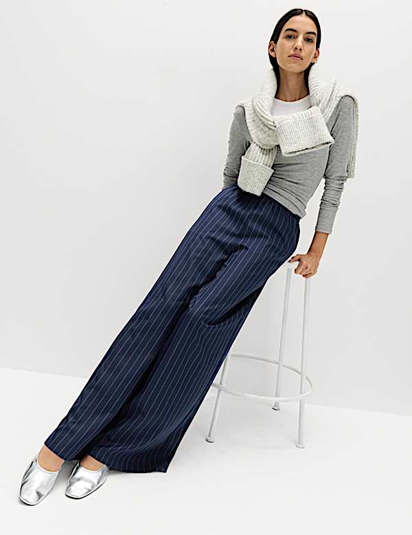 Pinstripe Elasticated Waist Wide Leg Trousers | NAVY MIX