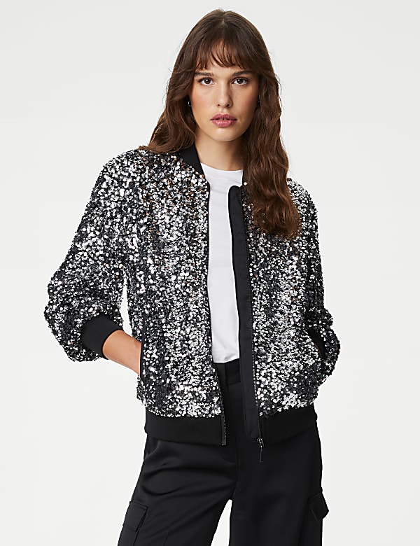 Sequin Relaxed Bomber Jacket