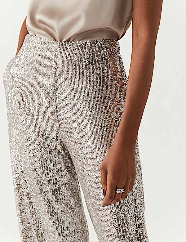 Hose mit weitem Bein, elastischem Bund und Pailletten - DE