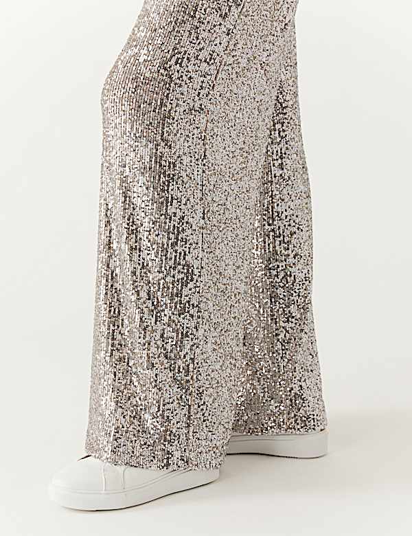 Hose mit weitem Bein, elastischem Bund und Pailletten - DE