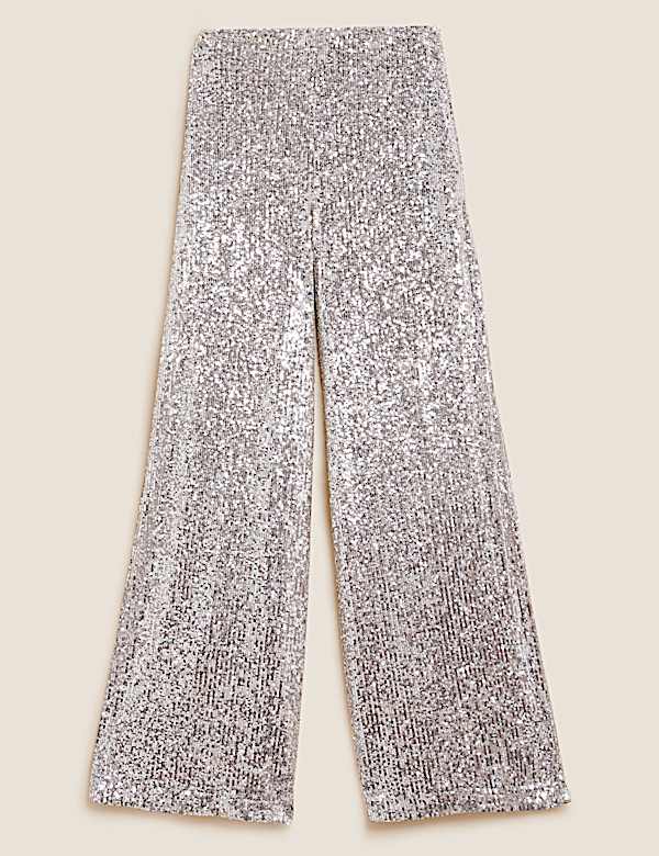 Hose mit weitem Bein, elastischem Bund und Pailletten - DE