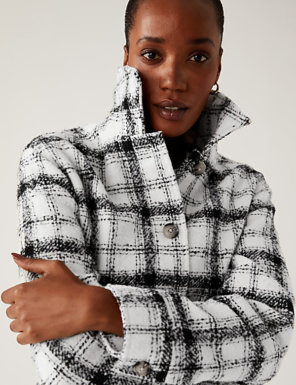 Checked Textured Belted Shacket with Wool