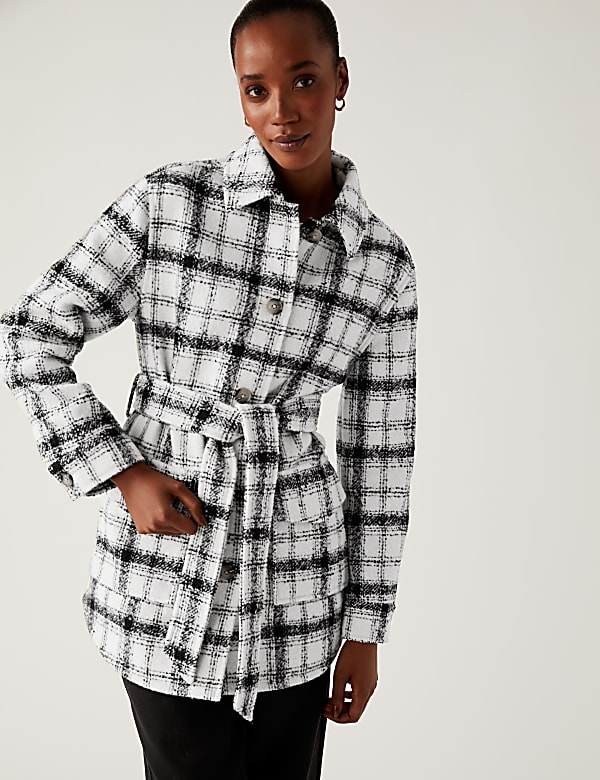 Checked Textured Belted Shacket with Wool