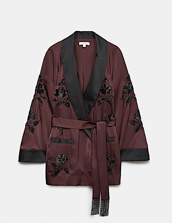 Embellished Shawl Collar Satin  Kimono Jacket - ES