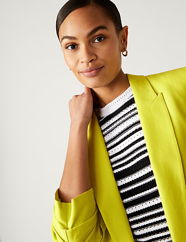 Linen Blend Ruched Sleeve Blazer