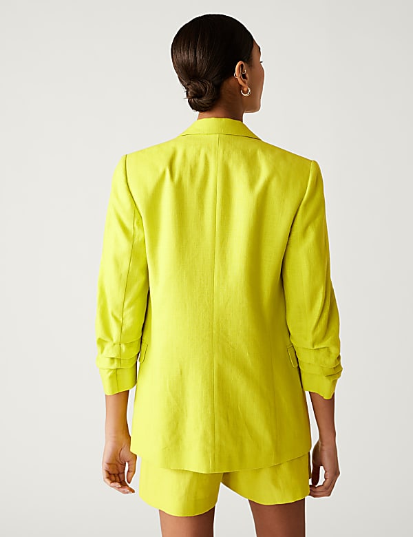 Linen Blend Ruched Sleeve Blazer