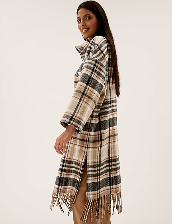 Checked Fringed Funnel Neck Coat with Wool