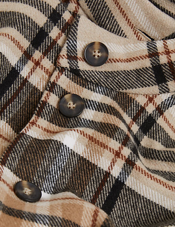Checked Fringed Funnel Neck Coat with Wool