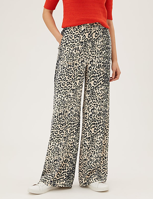 Twill Animal Print Wide Leg Trousers