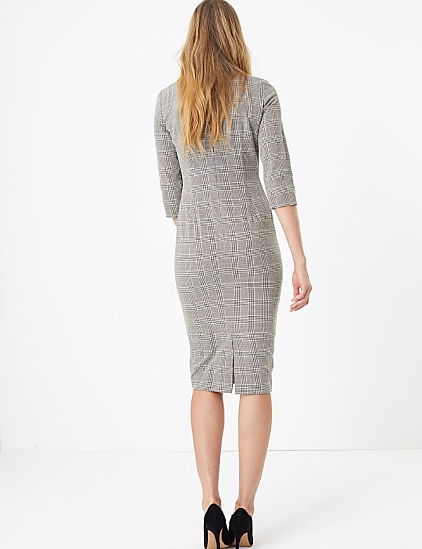 Cotton Blend Checked Midi Bodycon Dress
